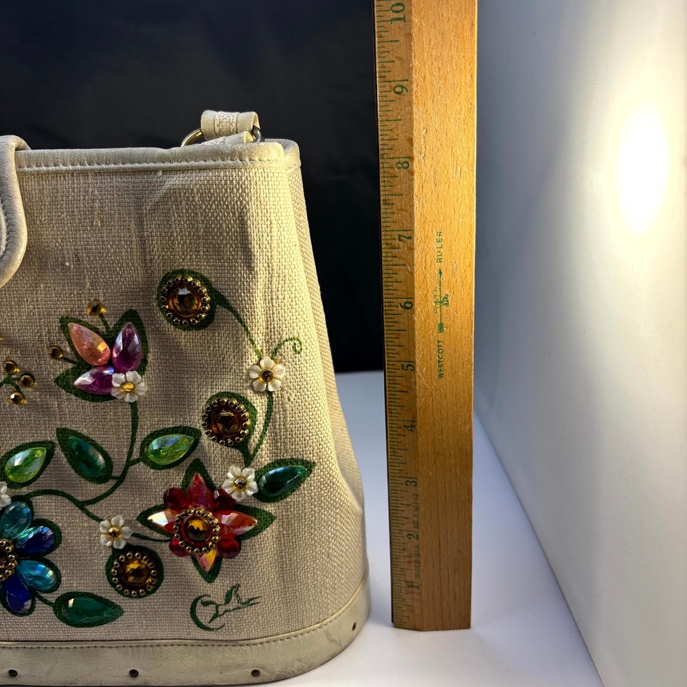 Vintage Enid Collins Flower Garden Jeweled Canvas Leather Handbag Horse Logo - Picture 13 of 15